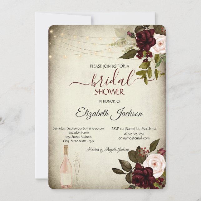 Wine Glass,Lights Burgundy Roses Bridal Shower Invitation (Front)