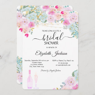 Wine Glass Lights Chic Roses Bridal Shower  Invitation
