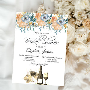 Wine Glass Lights Roses Dusty Blue Bridal Shower  Invitation