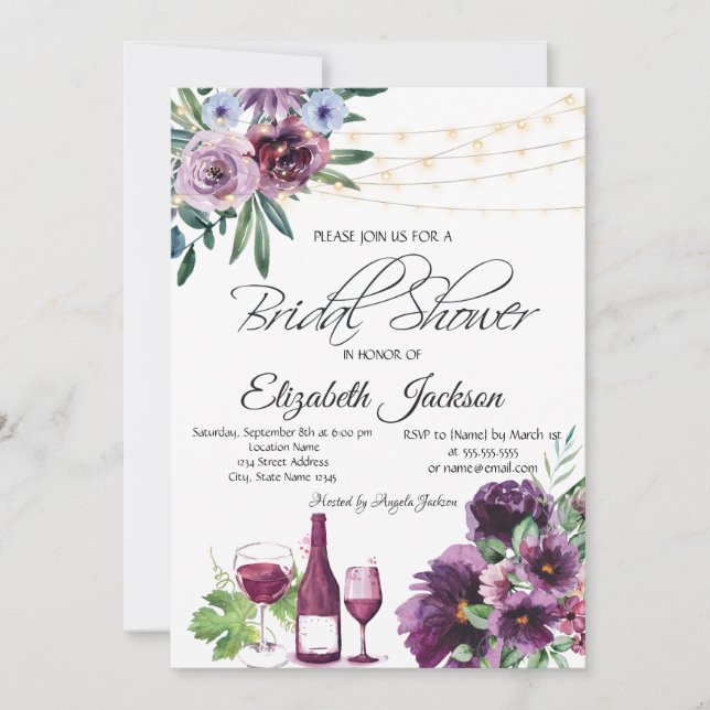 Wine Glass Lights Violet Flowers Bridal Shower   Invitation (Front)