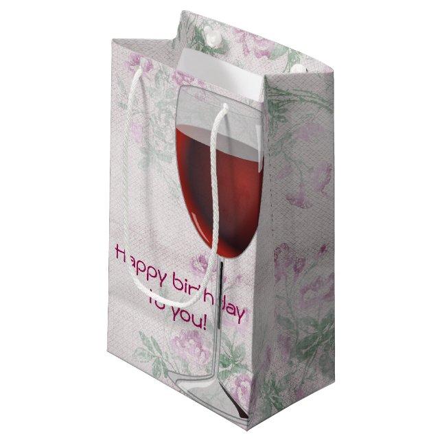 wine glass on retro floral background small gift bag (Front Angled)