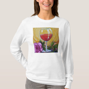 Wine Glass & Pink Rose Ladies Long Sleeve T-Shirt