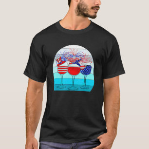 Wine Glass Red White Blue Firework Happy 4th Of Ju T-Shirt