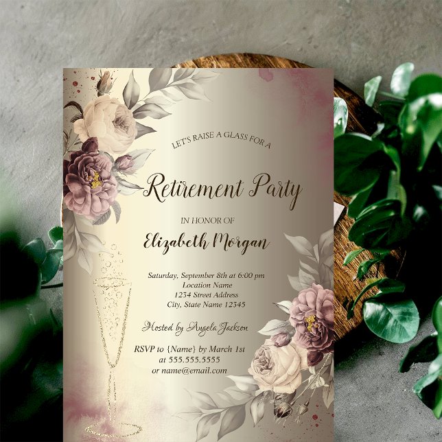  Wine Glass  Roses Champagne Retirement Invitation (Creator Uploaded)