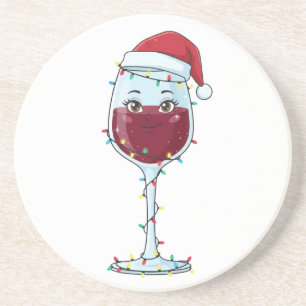 Wine Glass Santa Hat Christmas Lights Funny Coaster