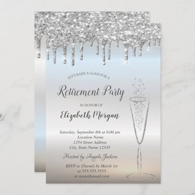 Wine Glass Silver Glitter Bokeh Drops Retirement Invitation (Front/Back)