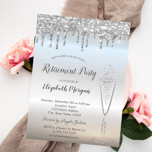 Wine Glass Silver Glitter Bokeh Drops Retirement Invitation