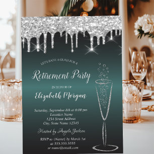 Wine Glass Silver Glitter Drips Green Retirement Invitation