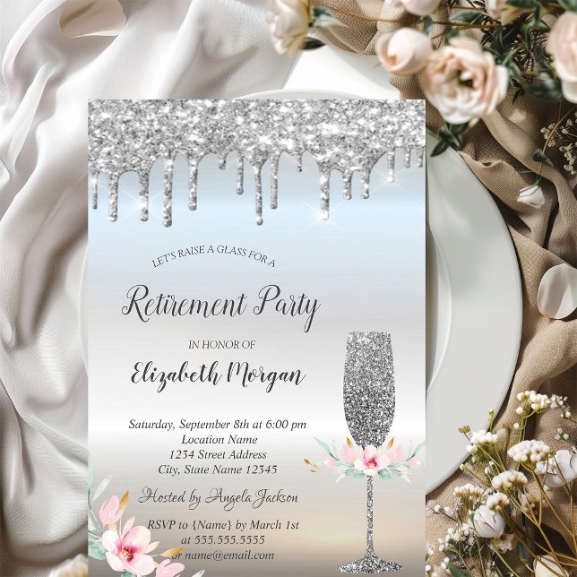 Wine Glass Silver Glitter Drops Floral Retirement Invitation (Creator Uploaded)