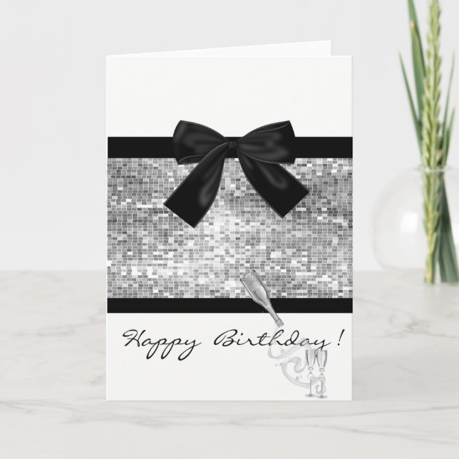 Wine Glass,Silver Sequins,Bow ,Birthday Card (Front)
