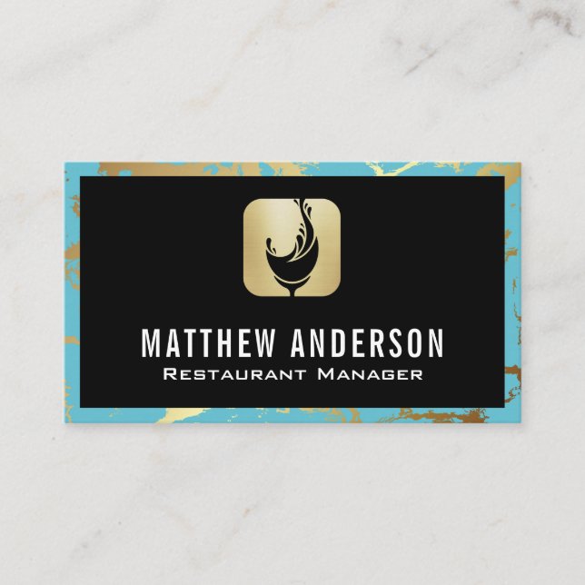 Wine Glass Splash Logo | Gold Teal Marble Business Card (Front)