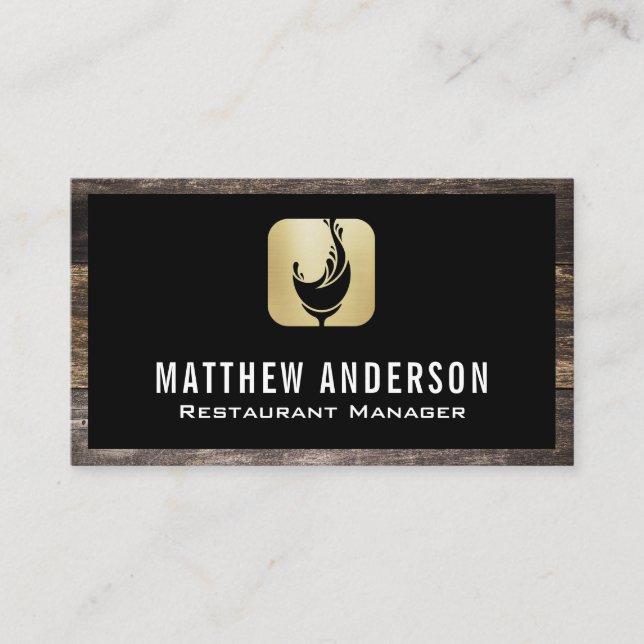 Wine Glass Splash Logo | Wood Border Business Card (Front)