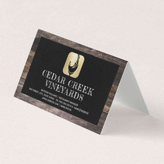 Wine Glass Splash Logo | Wood Border Business Card (Front)