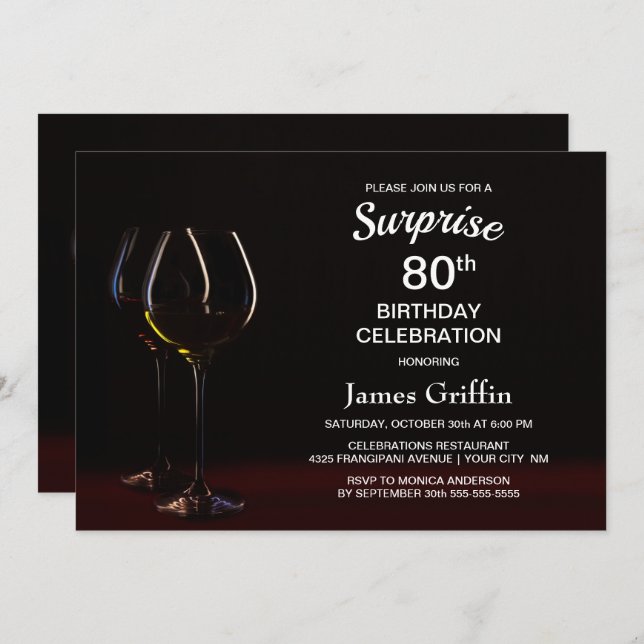 Wine Glass Surprise 80th Birthday Party Invitation (Front/Back)