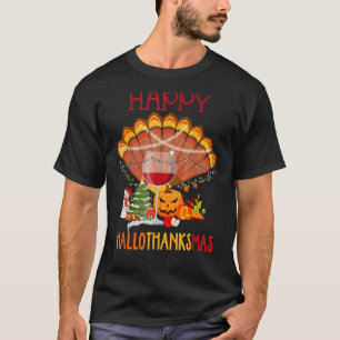 Wine Glass Thankgiving Wine Happy Hallothanksmas T-Shirt