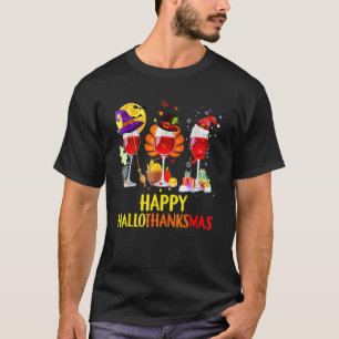 Wine Glass Thanksgiving Happy Hallothanksmas T-Shirt