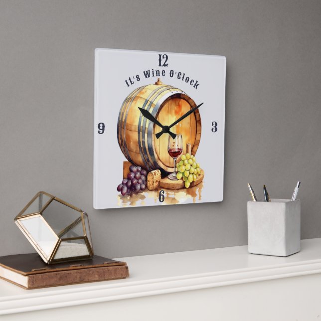 Wine Glass Wine Barrel It's Wine O'clock Grapes Square Wall Clock (Office)