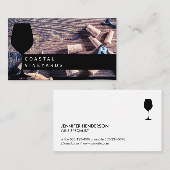Wine Glass | Wine corks on wooden table Business Card (Front/Back)