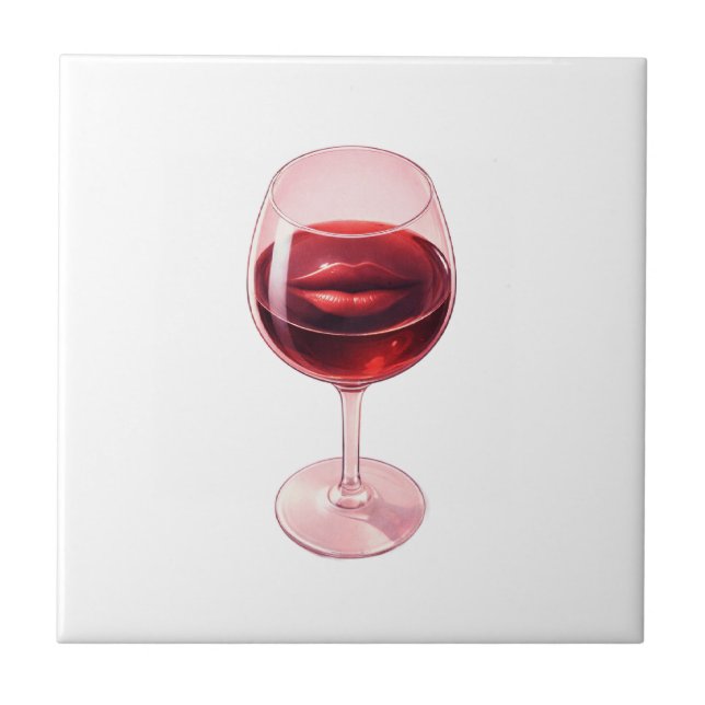 Wine Glass with Red Lips Cocktail Napkins  Ceramic Tile (Front)