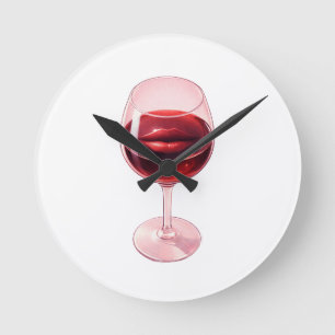 Wine Glass with Red Lips Cocktail Napkins  Round Clock