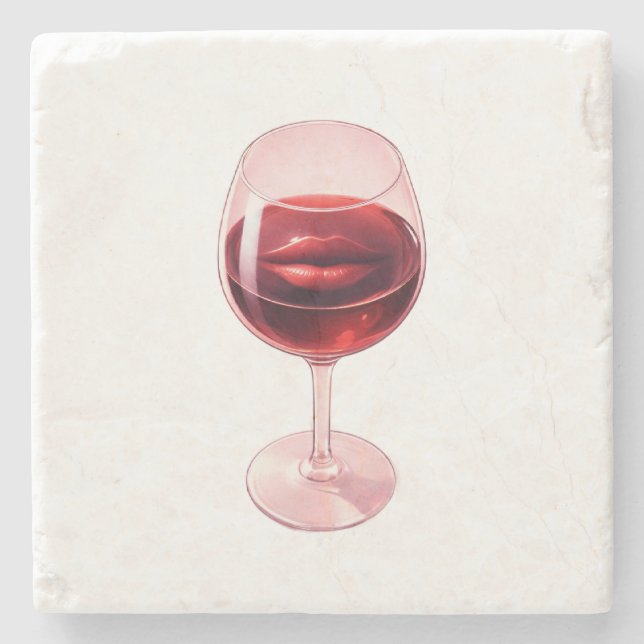 Wine Glass with Red Lips Cocktail Napkins  Stone Coaster (Front)