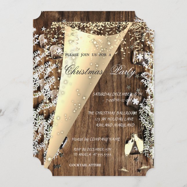 Wine Glass,Wood Texture  Company Christmas Party Invitation (Front/Back)