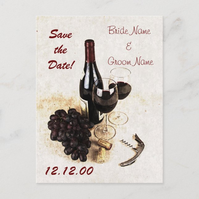 Wine glasses and grapes announcement postcard (Front)