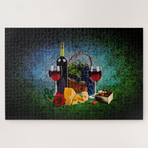 Wine glasses, bottle, grapes, cheese, chocolates jigsaw puzzle