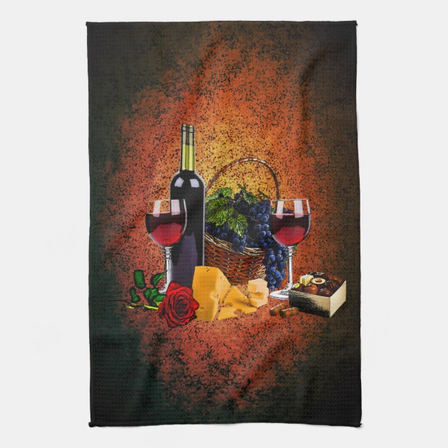 Wine glasses, bottle, grapes, cheese, chocolates tea towel (Vertical)