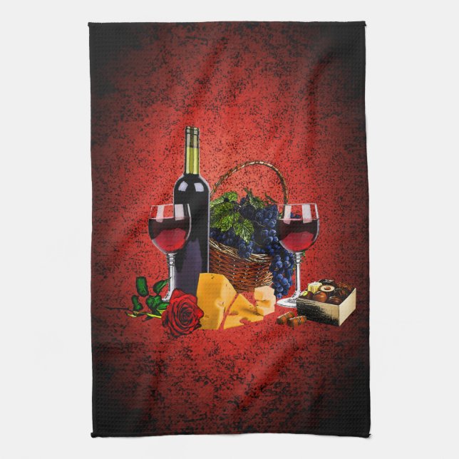 Wine glasses, bottle, grapes, cheese, chocolates tea towel (Vertical)