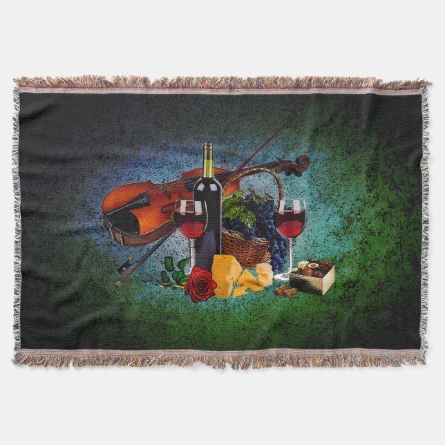 Wine glasses, bottle, grapes, cheese, Violin Throw Blanket (Front)