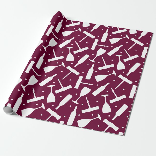 Wine Glasses Corkscrews Burgundy Patterned Wrapping Paper (Unrolled)