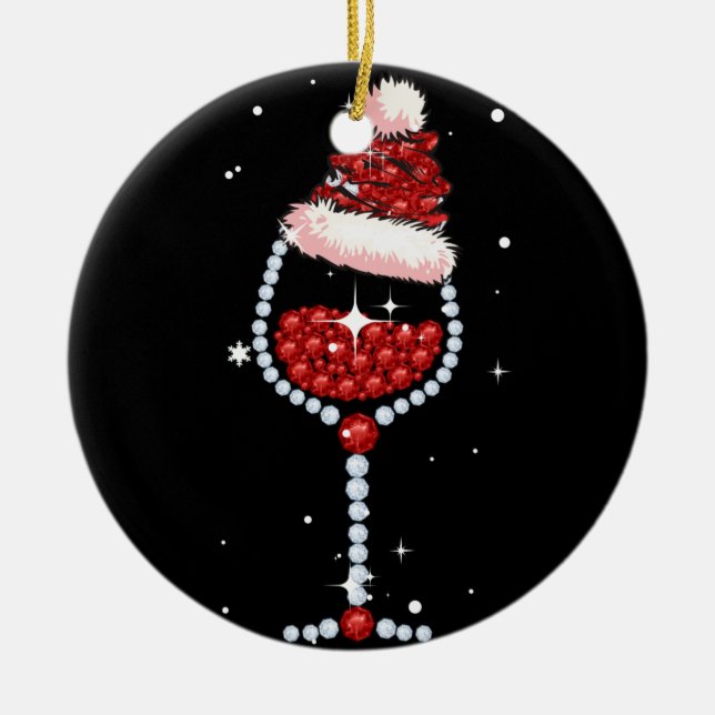 Wine Glasses Santa Hat Christmas Wine Lover Gifts Ceramic Ornament (Front)