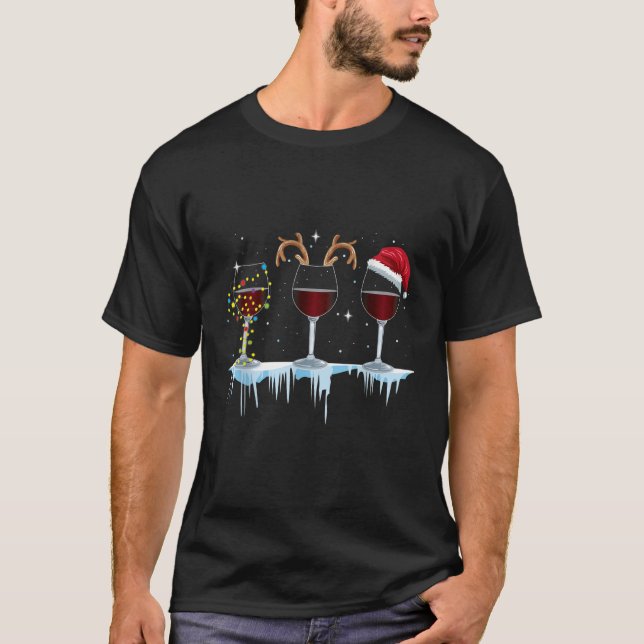 Wine glasses with Reindeer and Santa and Christmas T-Shirt (Front)