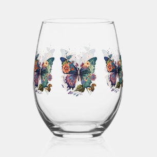 Wine Glasses with Retro Butterflies & Flowers