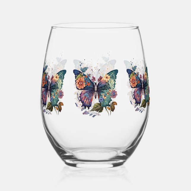 Wine Glasses with Retro Butterflies & Flowers (Front)