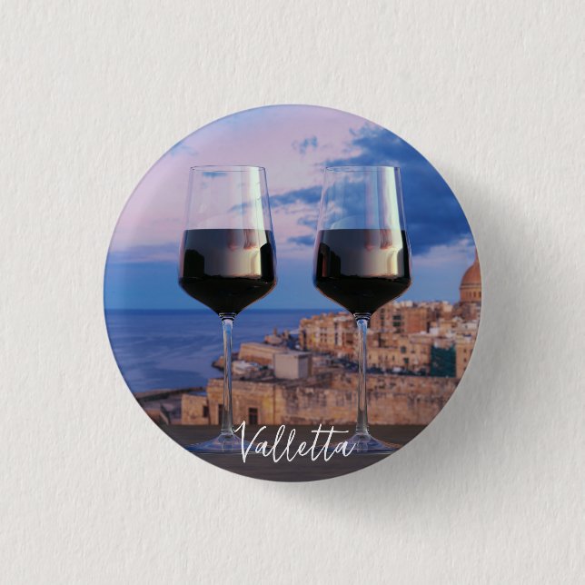 Wine glasses with view of sunset over Valletta 3 Cm Round Badge (Front)