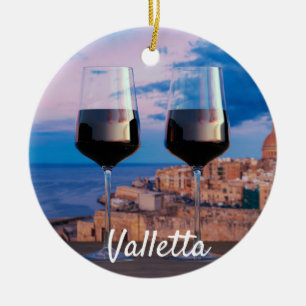 Wine glasses with view of sunset over Valletta Ceramic Ornament