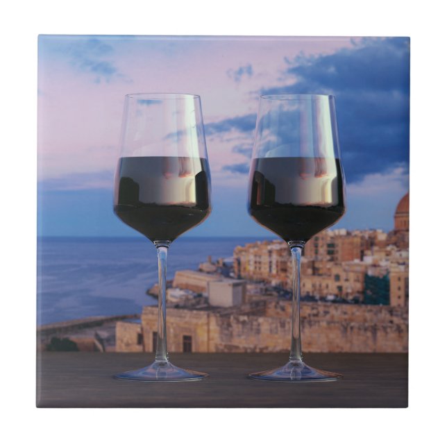 Wine glasses with view of sunset over Valletta Ceramic Tile (Front)