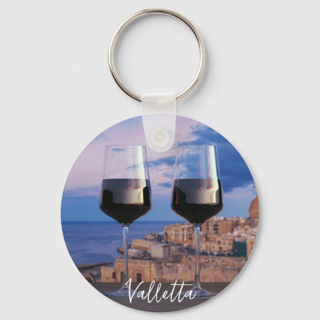 Wine glasses with view of sunset over Valletta Key Ring (Front)