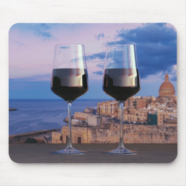 Wine glasses with view of sunset over Valletta Mouse Pad (Front)