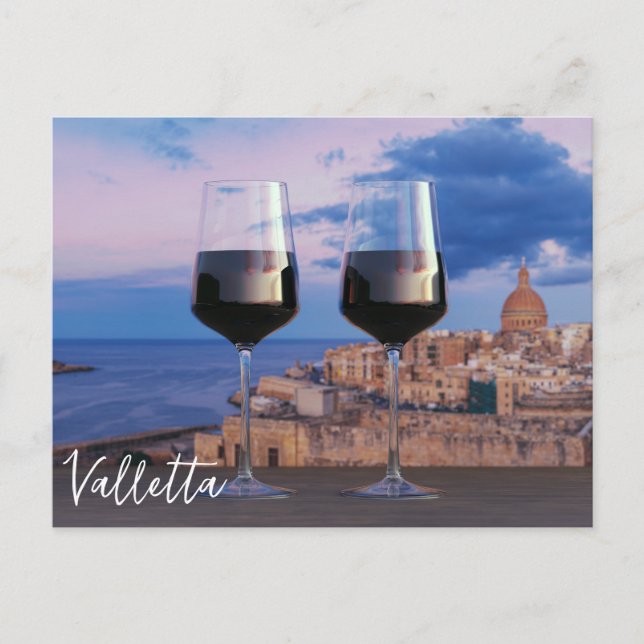 Wine glasses with view of sunset over Valletta Postcard (Front)