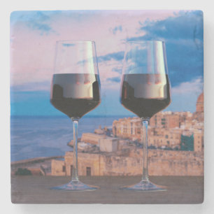 Wine glasses with view of sunset over Valletta Stone Coaster