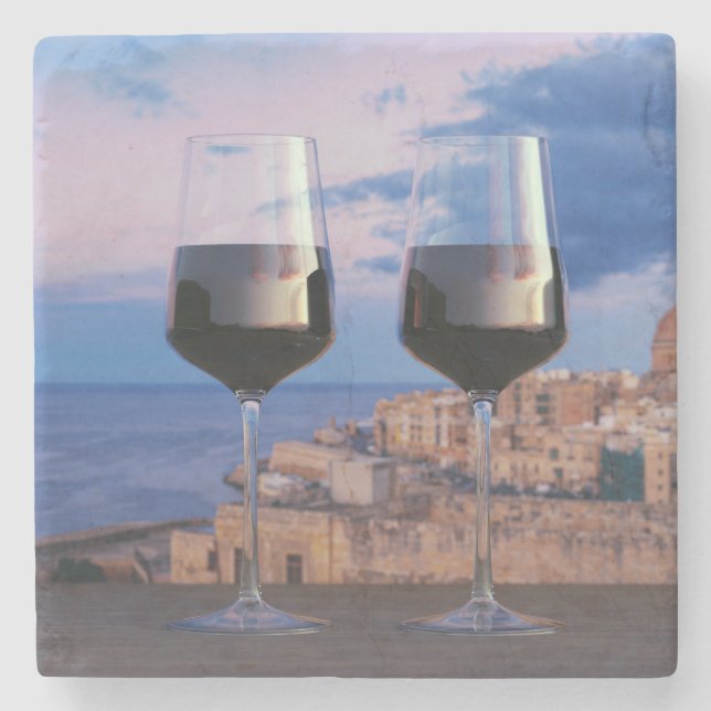 Wine glasses with view of sunset over Valletta Stone Coaster (Front)