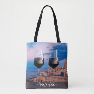 Wine glasses with view of sunset over Valletta Tote Bag