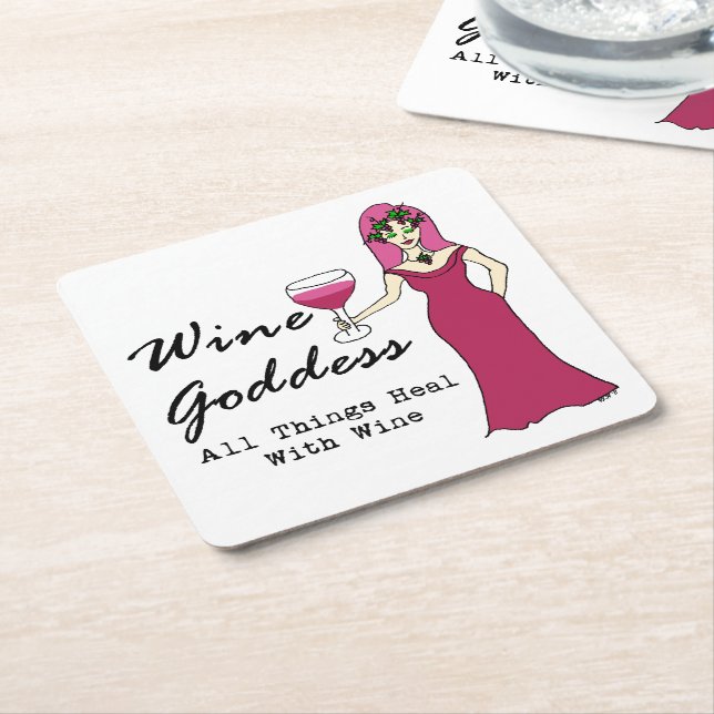Wine Goddess "All Things Heal With Wine" Square Paper Coaster (Angled)