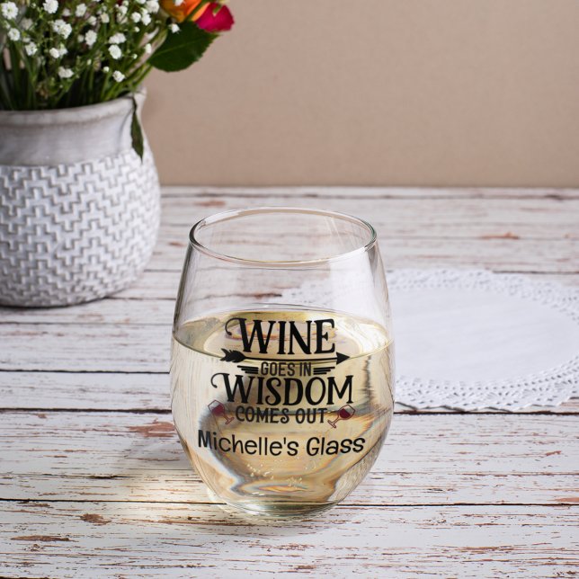 Wine Goes In Wisdom Comes Out Stemless Wine Glass (Creator Uploaded)