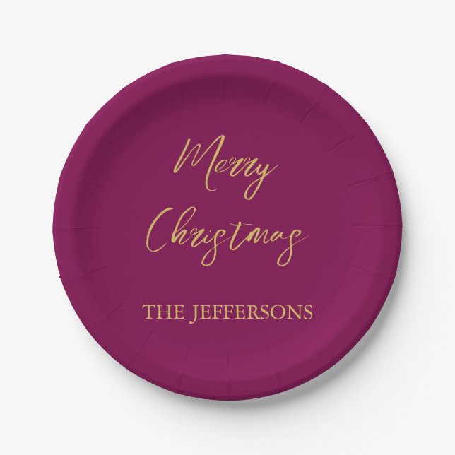 Wine & Gold Colours Merry Christmas Paper Plate (Front)