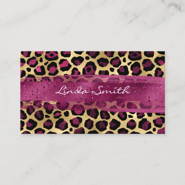 Wine Gold Foil Leopard Brush Stroke Business Card (Front)