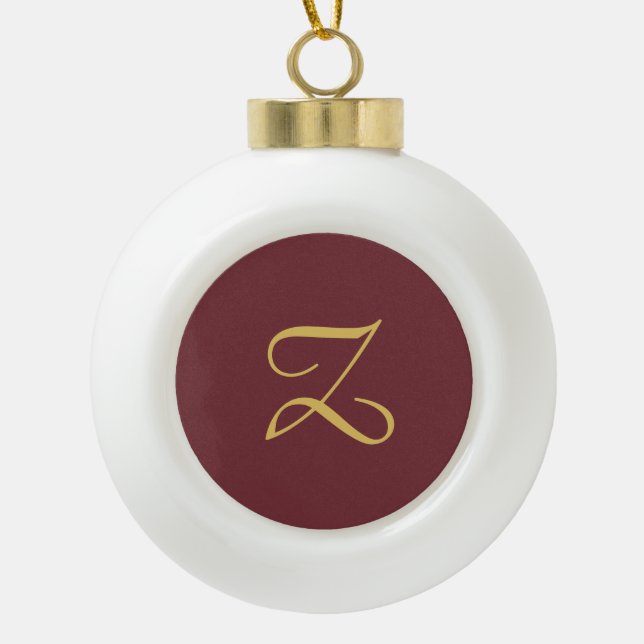 Wine Gold Monogram Professional Trendy Modern Ceramic Ball Christmas Ornament (Front)